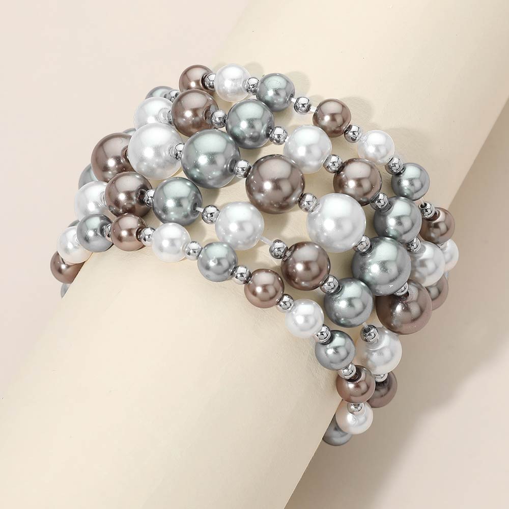 5PCS - Colorful Pearl Beaded Stretch Multi Layered Bracelets