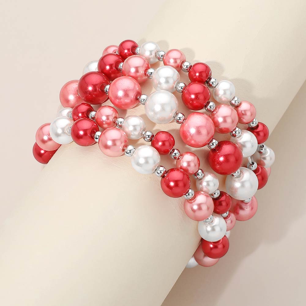 5PCS - Colorful Pearl Beaded Stretch Multi Layered Bracelets