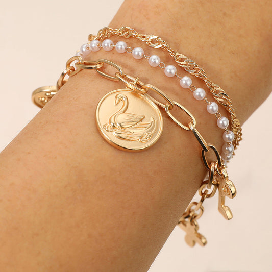 3PCS - Flower Swan Embossed Medallion Key Cross Pearl Charm Station Multi Layered Bracelets