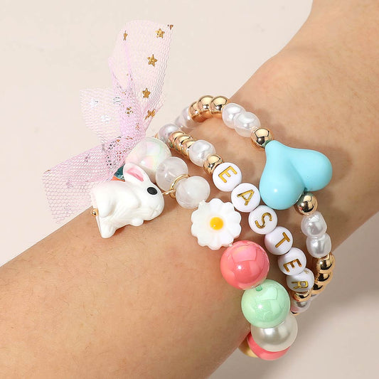 3PCS - Easter Bunny Bow Heart Pearl Flower Beaded Stretch Multi Layered Bracelets