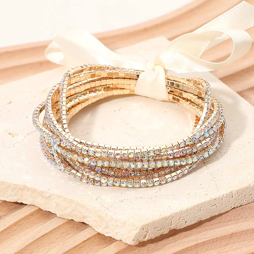 12PCS - Ribbon Slim Rhinestone Stretch Multi Layered Bracelet