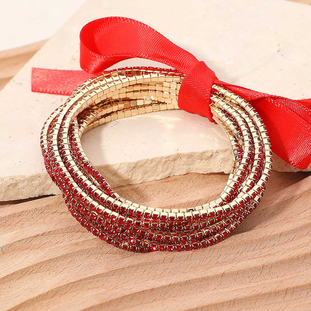 12PCS - Ribbon Slim Rhinestone Stretch Multi Layered Bracelet