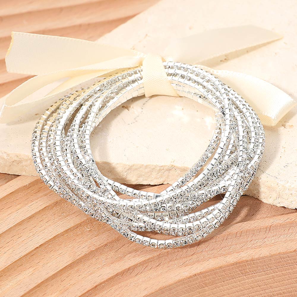 12PCS - Ribbon Slim Rhinestone Stretch Multi Layered Bracelet