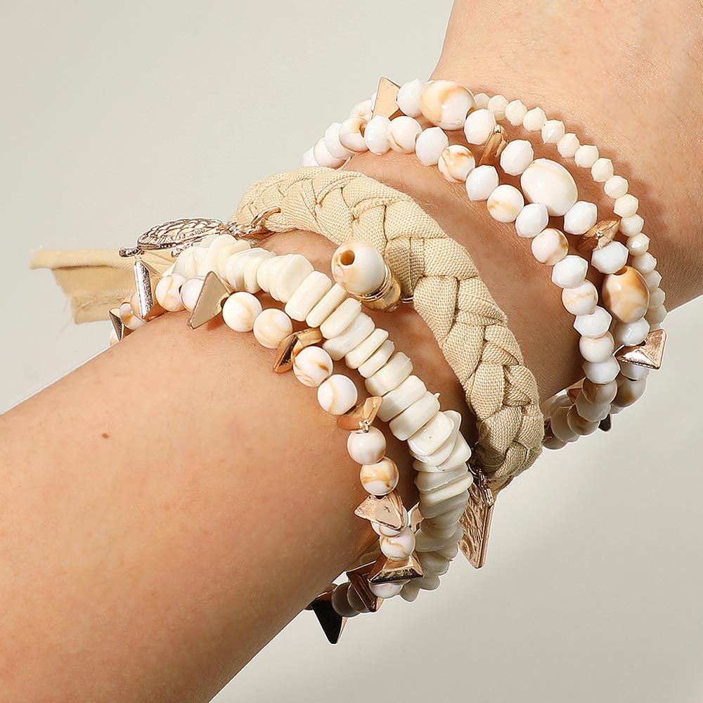 6PCS - Boho Turtle Beach Theme Charm Beaded Stretch Multi Layered Bracelets