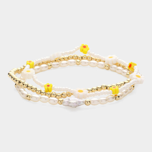 3PCS - Mother Of Pearl Flower Quatrefoil Pointed Beaded Multi Layered Bracelets