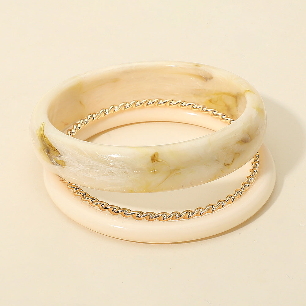 3PCS - Chunky Marbled Resin Twisted Metal Bangle Multi Layered Bracelets