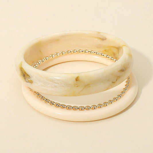 3PCS - Chunky Marbled Resin Twisted Metal Bangle Multi Layered Bracelets