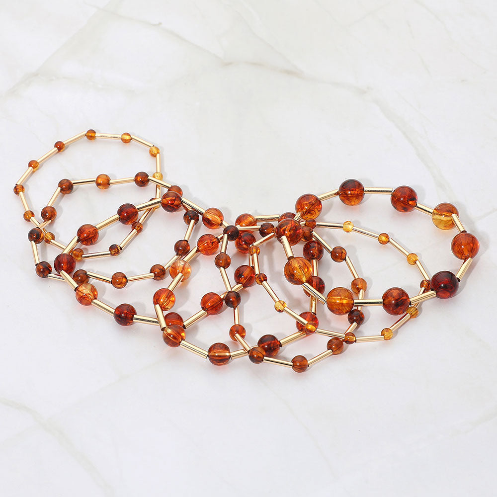 7PCS - Resin Ball Metal Bar Beaded Stretch Multi Layered Bracelets