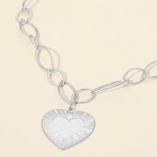 Bold Textured Heart Pendant Oval Link Chain Necklace