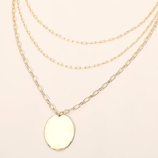 Metal Oval Disc Pendant Triple Layered Chain Necklace