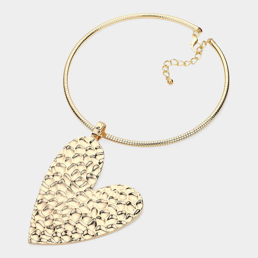 Textured Metal Heart Pendant Statement Necklace