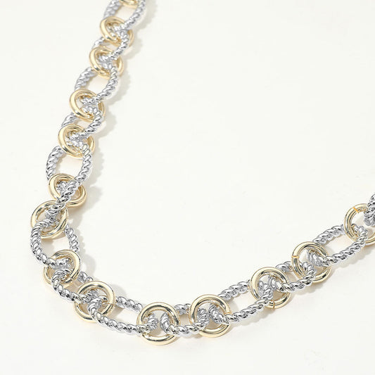 14K Gold Plated Two Tone Polished Round Accent Twisted Link Chain Necklace