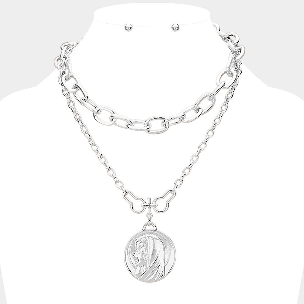 Layered Saint Mary Metal Pendant Necklace