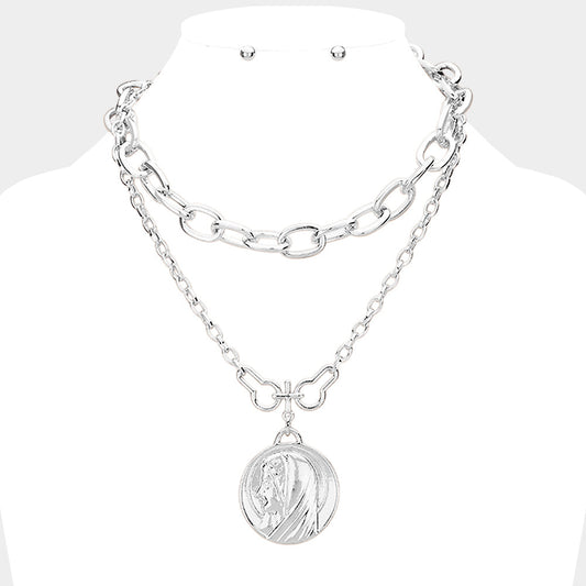 Layered Saint Mary Metal Pendant Necklace