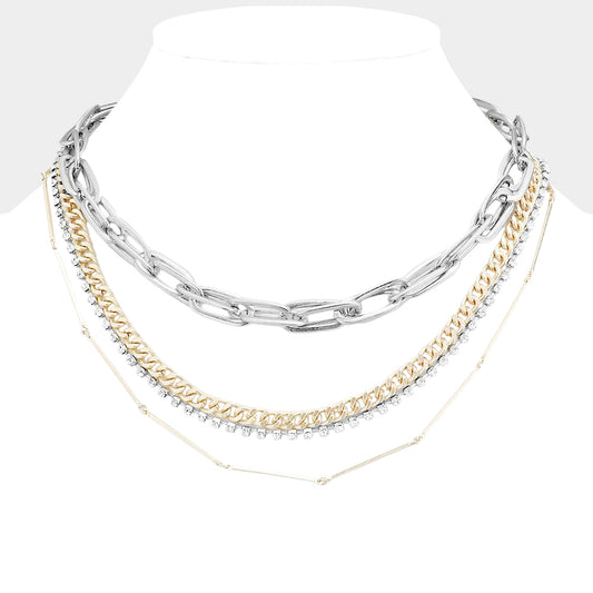 Layered Rhinestone Metal Chain Link Necklace