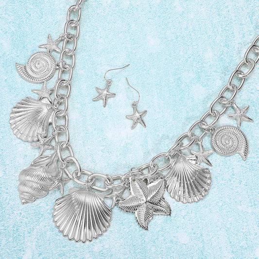 Chunky Metal Sea Shell Starfish Charm Station Chain Necklace