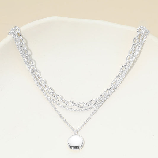 White Gold Dipped Polished Round Pendant Accent Mixed Chain Layered Necklace