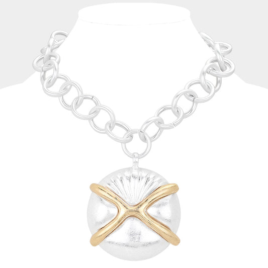 Oversized Matte Metal Sand Dollar Pendant Chunk Statement Necklace