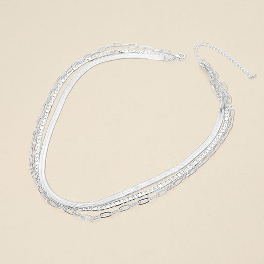 White Gold Dipped Herringbone Paperclip Chain Layered Necklace