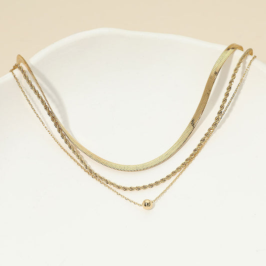 18K Gold Dipped Mini Ball Accent Herringbone Chain Layered Necklace