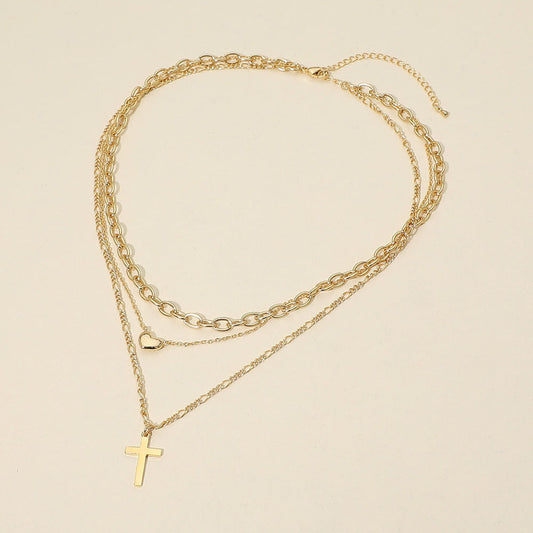 18K Gold Dipped Cross Pendant Heart Charm Accent Mixed Chain Layered Necklace