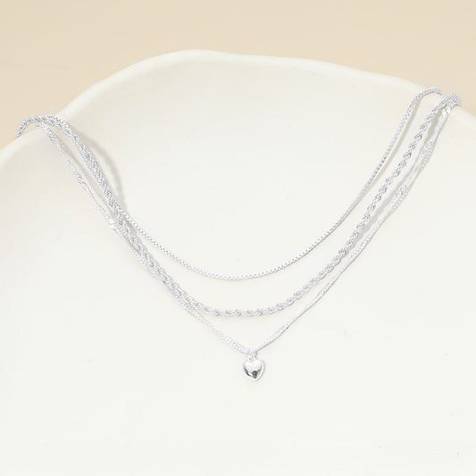 White Gold Dipped Heart Charm Pendant Accent Mixed Chain Layered Necklace
