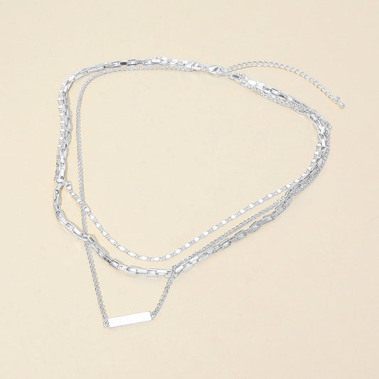 White Gold Dipped Bar Pendant Layered Mixed Chain Layered Necklace