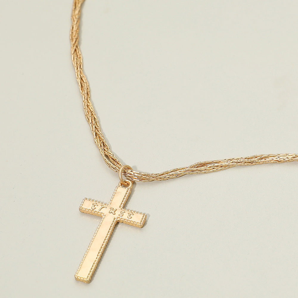 TRUST Engraved Cross Pendant Twisted Multi Metal Chain Necklace