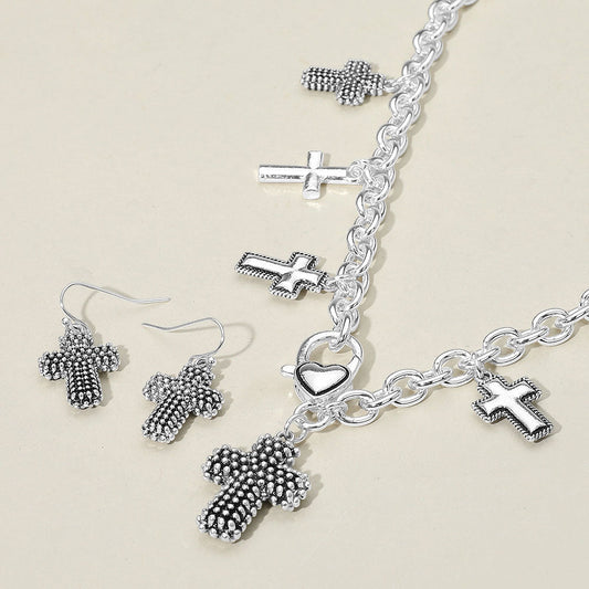 Textured Chunky Metal Cross Pendant Charm Necklace