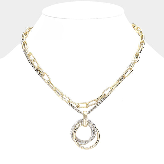 Triple Open Metal Circle Link Pendant Double Layered Toggle Necklace
