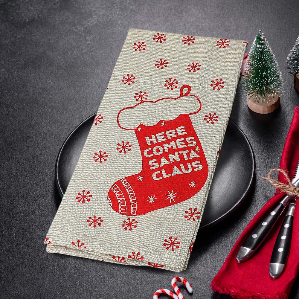 HERE COMES SANTA CLAUS Socks Snowflake Pattern Kitchen Towel