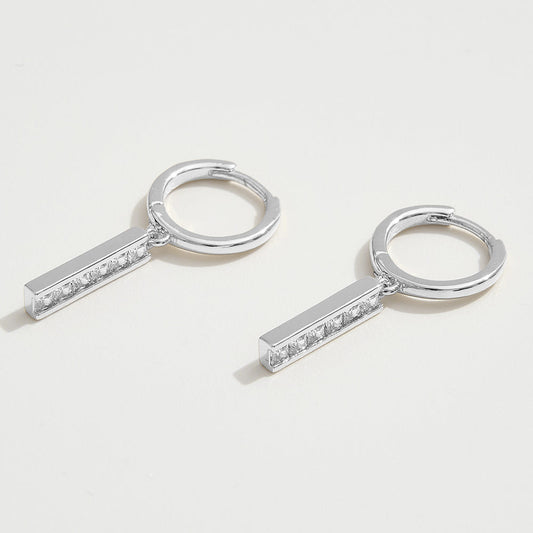 White Gold Dipped I-Shaped CZ Stone Cluster Charm Dangle Huggie Hoop Earrings