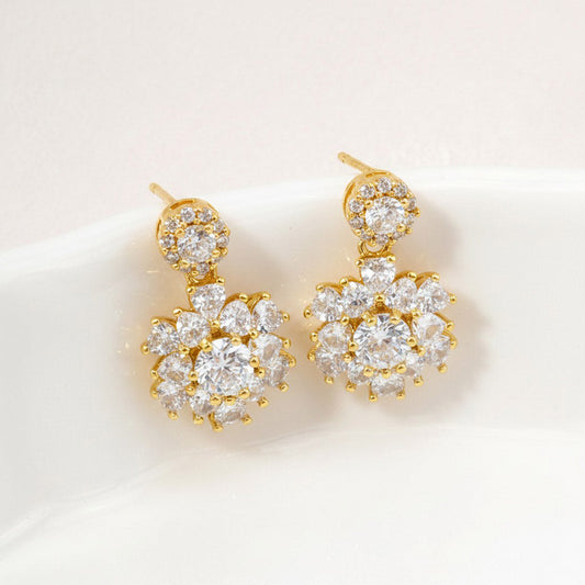 14K Gold Dipped Floral CZ Drop Earrings