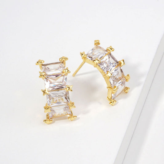 14K Gold Dipped Baguette CZ Climber Stud Earrings