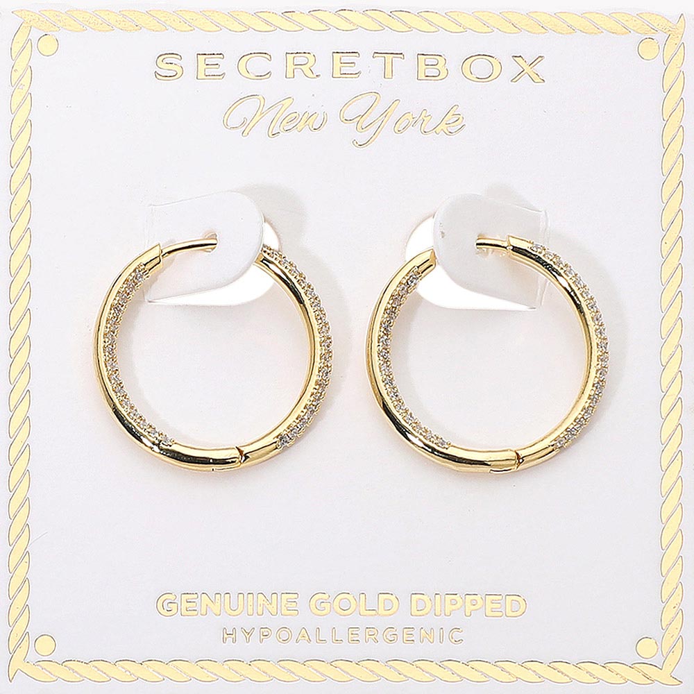 SECRET BOX_Genuine Gold Dipped Hypoallergenic Rhinestone Paved Huggie Hoop Earrings
