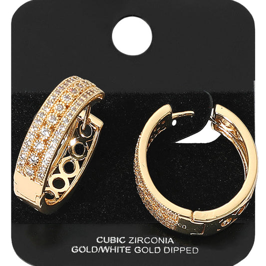 Gold Dipped Triple Row CZ Stone Paved Hoop Earrings