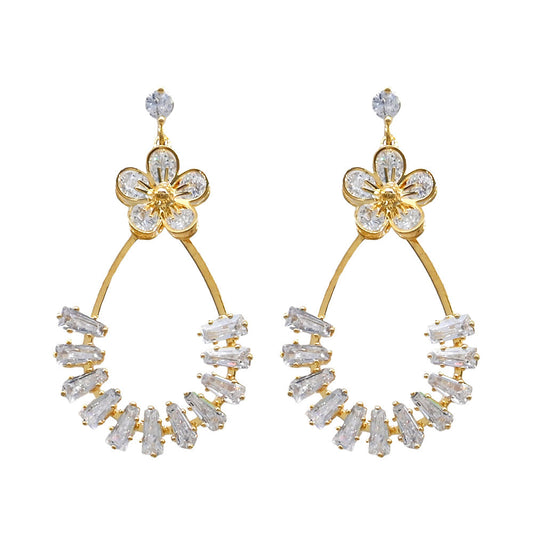 Gold Dipped CZ Flower Accent Baguette Stone Cluster Embellished Teardrop Drop Earrings