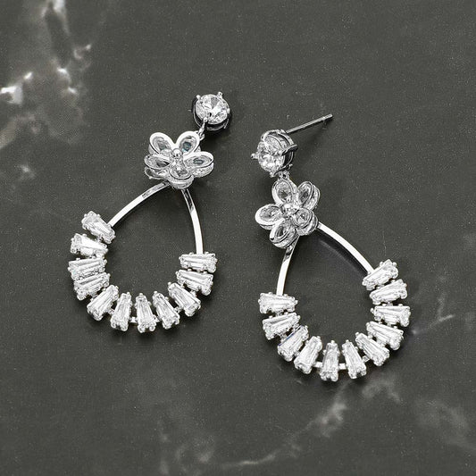 White Gold Dipped CZ Flower Accent Baguette Stone Cluster Embellished Teardrop Drop Earrings