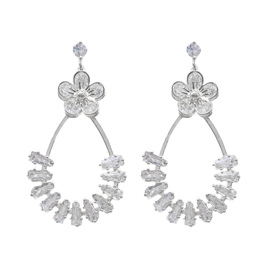 White Gold Dipped CZ Flower Accent Baguette Stone Cluster Embellished Teardrop Drop Earrings