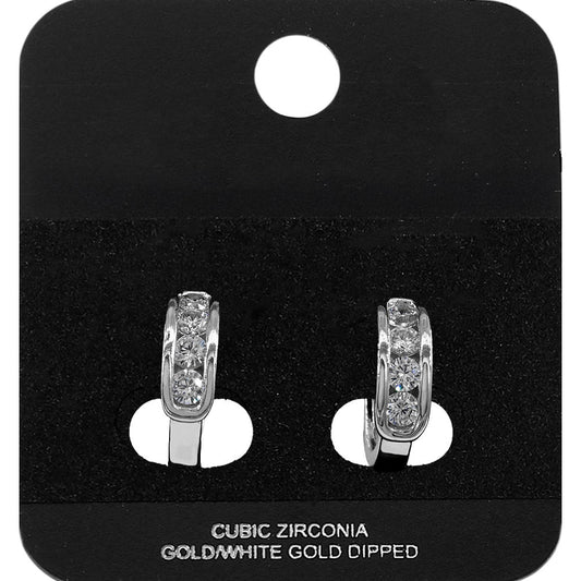 White Gold Dipped Round CZ Channel Mini Open Hoop Earrings