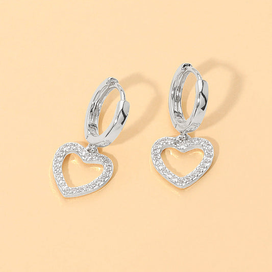Stone Pave Open Heart Charm Drop Dangle Huggie Hoop Earrings