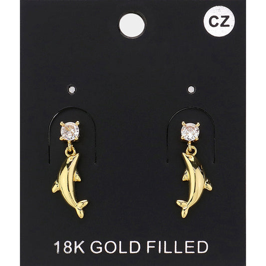 CZ Stone Pointed Metal Dolphin Dangle Earrings