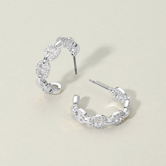 14K Gold Plated CZ Stone Paved Mariner Link Hoop Earrings