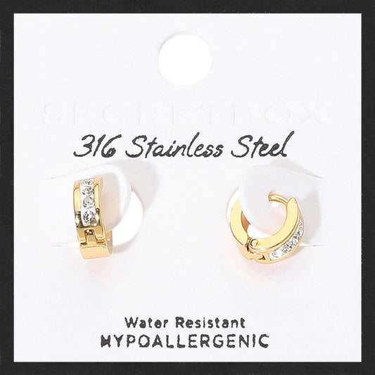 SECRET BOX_Stainless Steel Stone Paved Mini Huggie Hoop Earrings