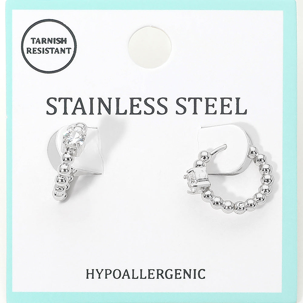 Stainless Steel Solitaire Accent Beaded Mini Huggie Hoop Earrings