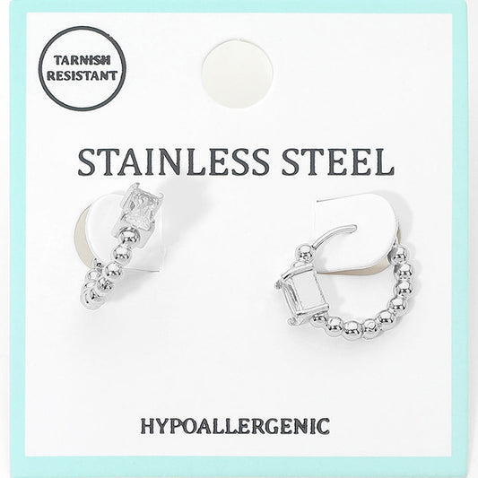 Stainless Steel Rectangular Stone Accent Beaded Mini Huggie Hoop Earrings