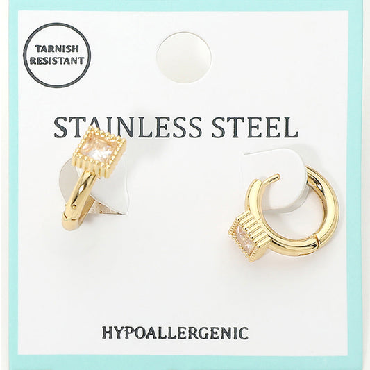 Stainless Steel Square Stone Accent Mini Huggie Hoop Earrings