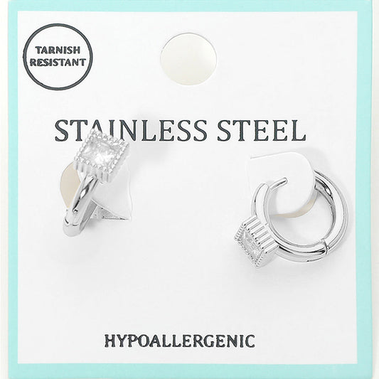 Stainless Steel Square Stone Accent Mini Huggie Hoop Earrings