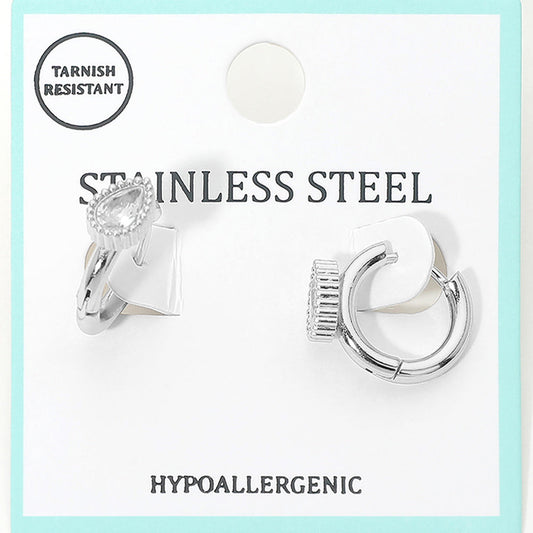 Stainless Steel Teardrop Stone Accent Mini Huggie Hoop Earrings