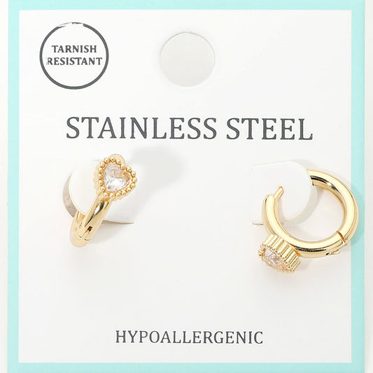 Stainless Steel Heart Stone Accent Mini Huggie Hoop Earrings